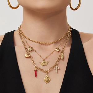 Layered 18k gold plated stainless steel necklace with heart, angel and cross pendants