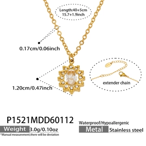 Detail of gold stainless steel necklace featuring a radiant sunflower pendant and size specs