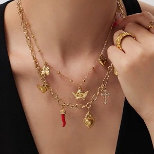 Double-layered 18k gold plated stainless steel necklace with multi-pendant charm set