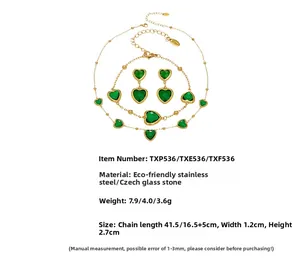 Parure de bijoux avec cœurs en verre vert et acier inoxydable collier boucles bracelet