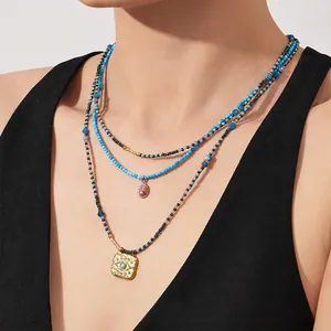 Bohemian Beaded Necklace With Stainless Steel Evil Eye Pendant And Pink Gemstone Vintage Jewelry Waterproof Hypoallergenic
