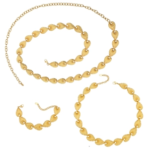 Golden stainless steel jewelry set featuring textured leaf chain necklace, bracelet and belt