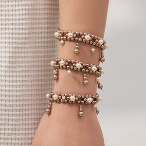 Three-piece light luxury grey pearl and stainless steel beaded bracelet set for women