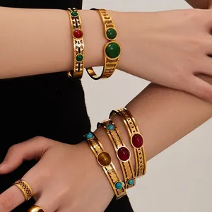 Vintage Bohemian Gold Plated Stainless Steel Bangle Bracelet Natural Stone Red Agate Geometric Inlaid Jewelry For Women