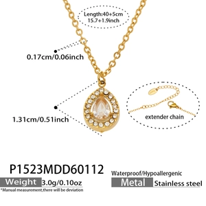 Detailed close-up of water drop necklace with white zircon in gold-plated stainless steel