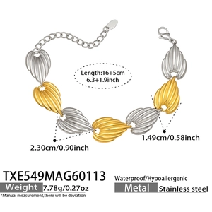 Detail of leaf-shaped stainless steel bracelet showing 16cm plus 5cm adjustable length