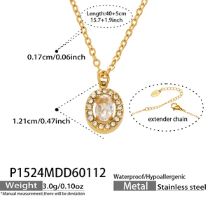 Detail of waterproof stainless steel necklace with sparkling oval zircon pendant