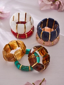 Group of six colorful chunky resin stretch bracelets with marble and tortoiseshell patterns
