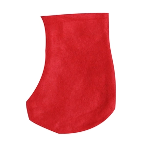 Detail of red non-woven Christmas stocking hanging ornament with visible stitching