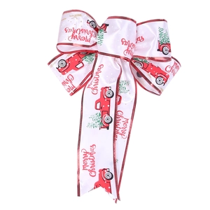 White satin Christmas car bow with red truck and Merry Christmas print for festive decor