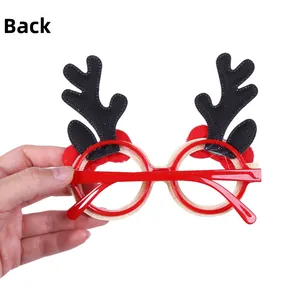 Back view of Christmas party glasses featuring red frames and black glitter reindeer antlers