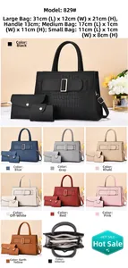 Detailed view of stone texture 3-piece bag set with dimensions and metallic gold buckle
