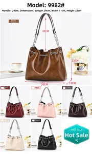 Detail view of colorful ruched shoulder bags with size specs and chain decor
