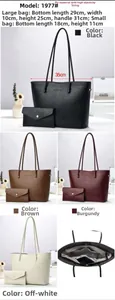 Dettaglio del set borsa tote e pochette in quattro colori con vista del vano interno