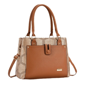 Structured brown tote bag with woven texture and top handles for business women
