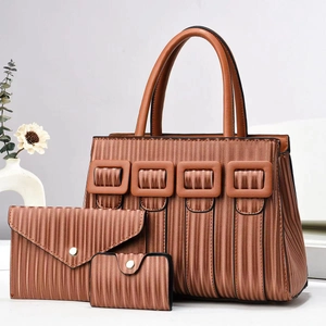 Brown 3-piece faux leather handbag set with unique vertical pleated texture and gold hardware