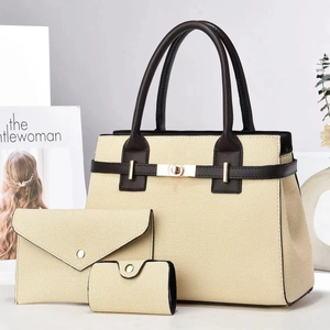 Chic 3-piece woven straw tote set with dark brown leather handles and gold lock buckle