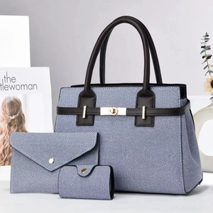 Three-piece woven tote bag set with brown leather handles and gold clasp in macaron blue