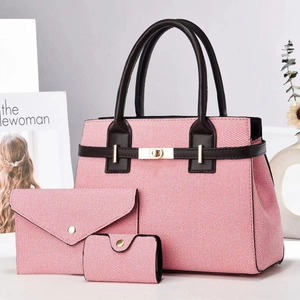 Three-piece pink and white woven tote bag set with brown leather trim and gold twist lock