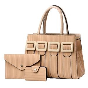 Stylish 3-piece khaki women handbag set with pleated texture and square buckle accents