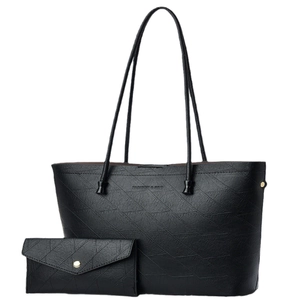 Set borsa tote e portafoglio neri con goffratura a foglia e spalline lunghe sottili