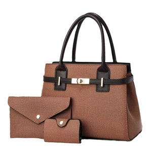 Brown woven 3-piece bag set with tote, envelope clutch and mini coin purse in retro style