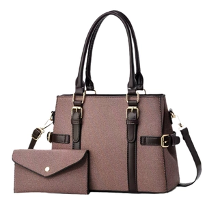 Ensemble sac à main deux pièces chic en tissu texturé marron et finitions cuir