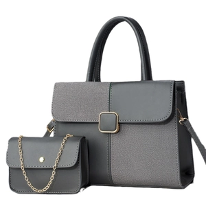 Deep grey patchwork tote and chain bag set with gold hardware and smooth finish