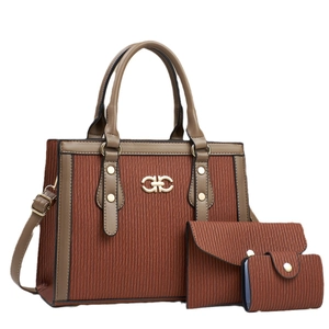 Three-piece set of rust-red striped satchel with olive trim and gold hardware