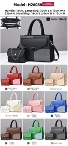 Detailed size chart for patchwork handbag set featuring dimensions for large and small bags