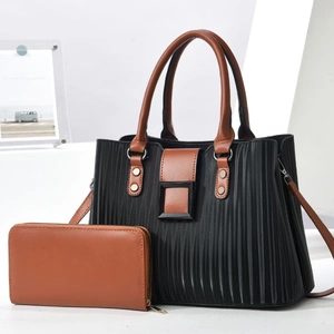 Sac À Main Et Portefeuille Plissé À Rayures En Cuir PU Couleur Contrastée Sac À Épaule Grande Capacité Tendance Femme