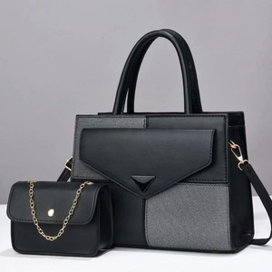 Women Fashion Handbag And Mini Chain Bag PU Leather Contrast Color Stitching Shoulder Crossbody Tote Triangular Decor