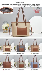 Detail view of canvas bucket bag with dimensions and multiple color options