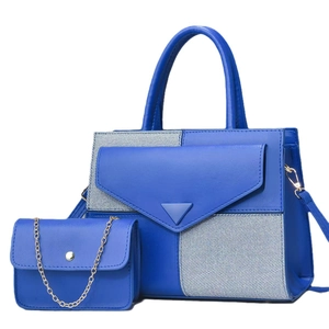 Blue and white patchwork leather tote bag set with detachable strap and mini chain pouch
