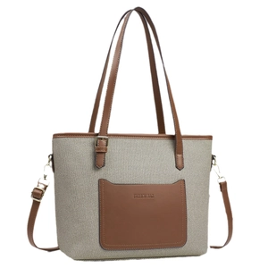 Chic canvas bucket bag with brown leather trim and adjustable shoulder strap for women