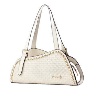 Elegant off-white woven shoulder bag with golden chain trim and asymmetric design