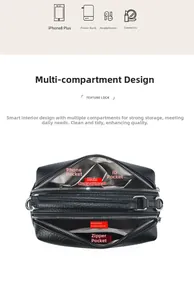 Detail view of the black textured leather bag interior with five functional compartments