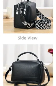 Side view of black pebble leather crossbody bag featuring dual zippers and woven strap