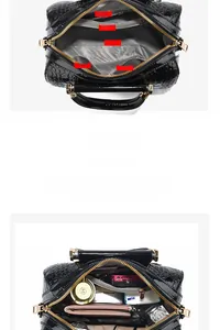 Detailed view of the multi-compartment interior and large capacity of crocodile pattern bag