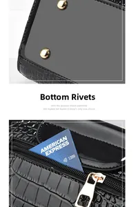 Detail of crocodile embossed bag featuring gold bottom studs and a back zipper pocket