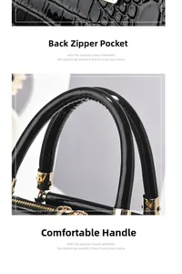Detail view of black crocodile pattern handbag showing rear zipper pocket and soft handle
