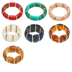 Set of colorful resin bangles with marble patterns and golden metal spacers