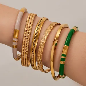 Stainless Steel Bracelet For Women Enamel Striped Heart Zircon Cuff Bangle Waterproof Hypoallergenic Vintage Jewelry