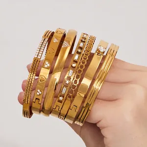 Bracelet Jonc En Acier Inoxydable Géométrique Nid D'Abeille Coeur Incrusté De Zircon Plaqué Or 18K Bijoux Élégants