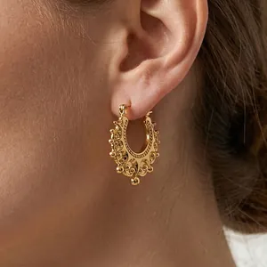 Vintage Bohemian Hoop Earrings For Women Stainless Steel Gold Plated Hollow Gear Design Beaded Retro Ethnic Style