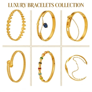 Détails de six bracelets luxueux plaqués or avec pierres naturelles et textures variées
