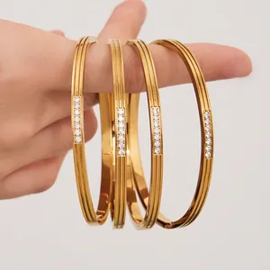 Zircon Inlaid Geometric Bangle 316L Stainless Steel 18K Gold Plated Hinged Clasp Bracelet For Women Fashion Jewelry