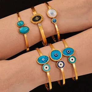 Bracelet Jonc En Acier Inoxydable Avec Oeil Protecteur Turquoise Nacre Étoile Bijou Bohème Étanche Pour Femme