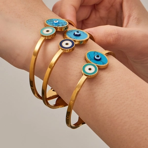 Ensemble de bracelets ouverts œil maléfique dorés avec motifs turquoise bleus