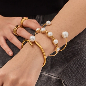 Vintage style 18k gold plated open cuff bracelets with natural freshwater pearls for women